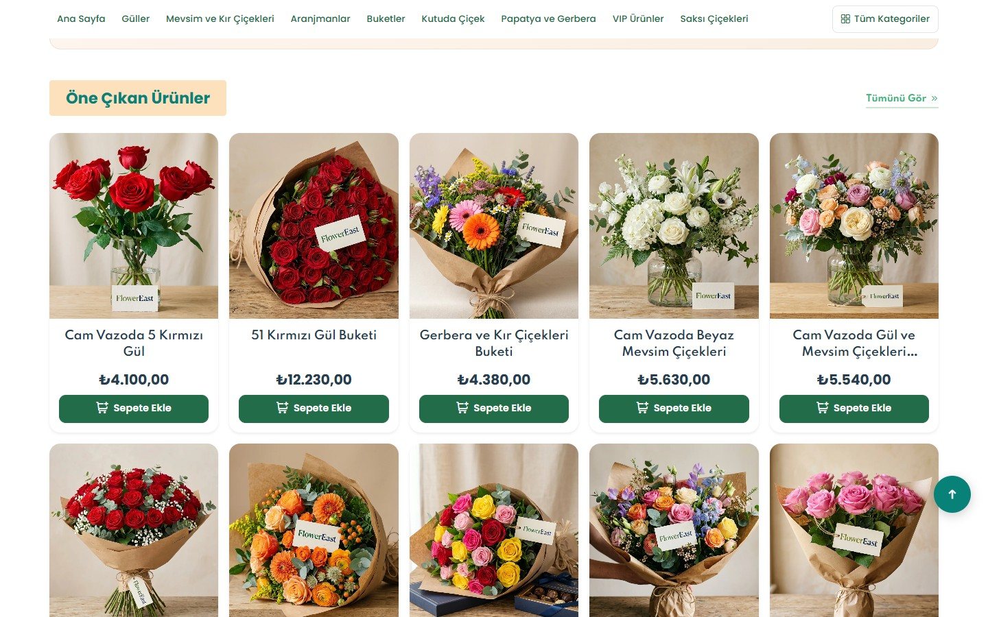 Flower East e-ticaret sitesinde ürün listesi